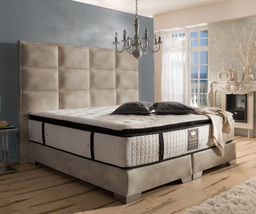 CROWN Boxspringbett QUADRO PLUS DELUXE, hohe Taschenfederkern Matratze, inkl. Topper, Kunstleder Seidenglanz Silber, 180x200 cm