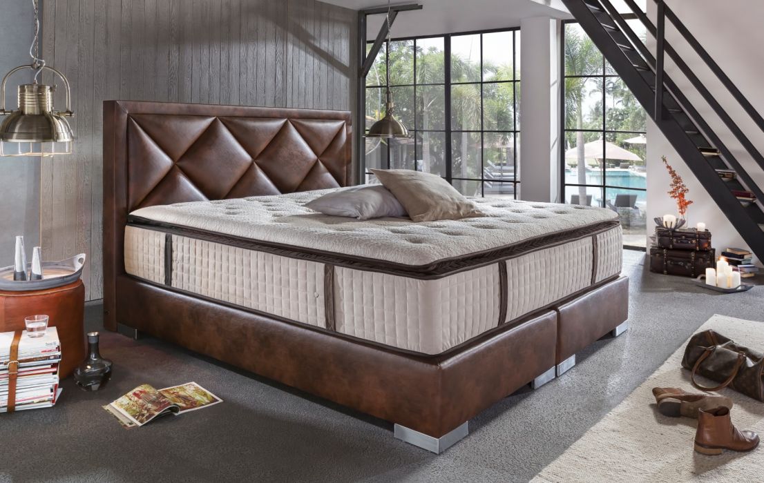 CROWN Boxspringbett JOKER DELUXE, hohe Taschenfederkern Matratze, inkl. Topper, Kunstleder Seidenglanz Taupe, 180x200 cm