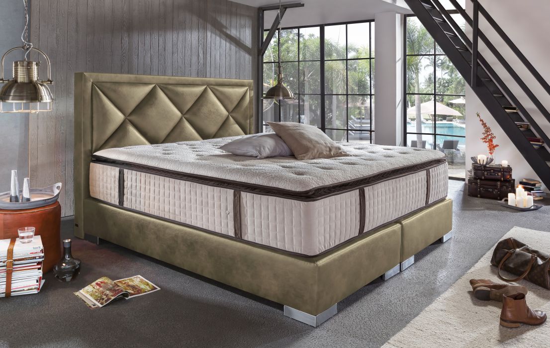 CROWN Boxspringbett JOKER DELUXE, hohe Taschenfederkern Matratze, inkl. Topper, Velours Seidenglanz Grau, 180x200 cm
