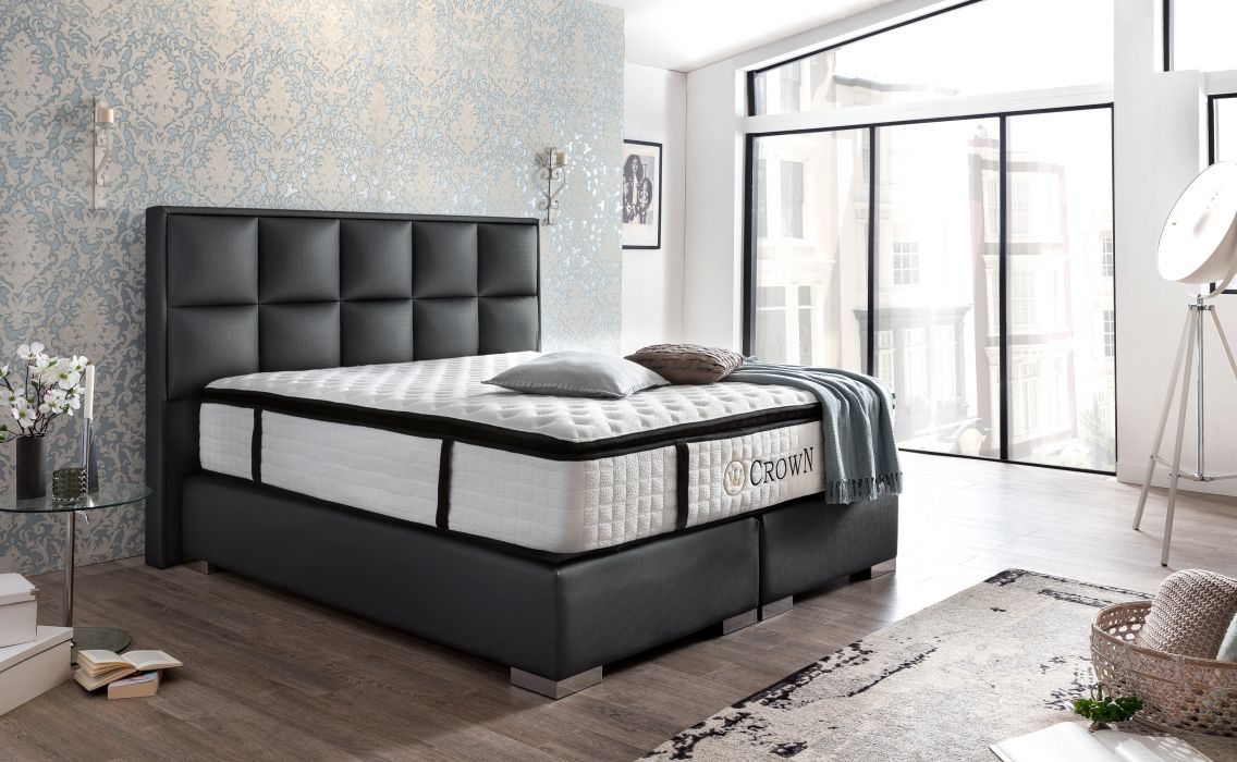 CROWN Boxspringbett BARCELONA DELUXE, hohe Taschenfederkern Matratze, inkl. Topper, Kunstleder Schwarz, 200x200 cm