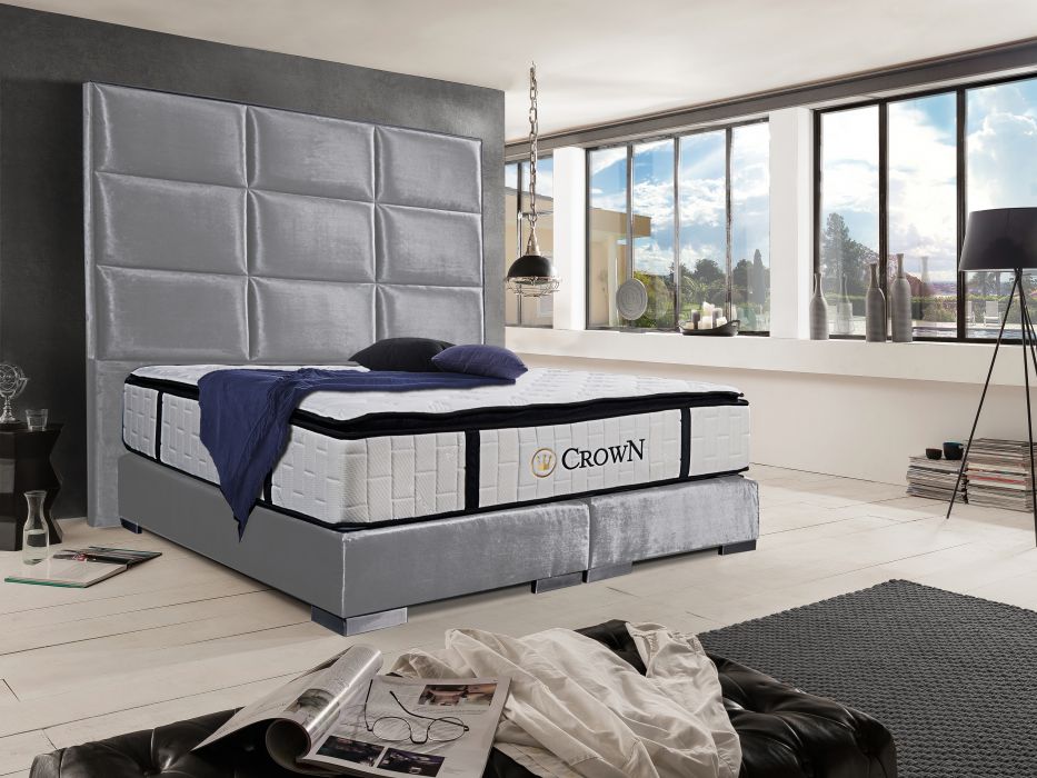 CROWN Boxspringbett QUADRO PLUS DELUXE, hohe Taschenfederkern Matratze, inkl. Topper, Nubuk Kunstleder Grau, 160x200 cm